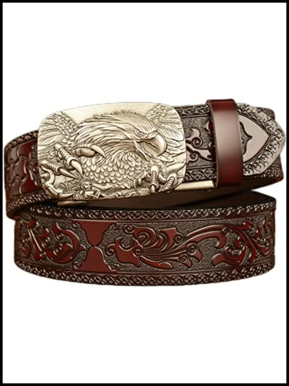 Men's Genuine Leather Ratchet Belt with 3D Eagle Sliding Buckle